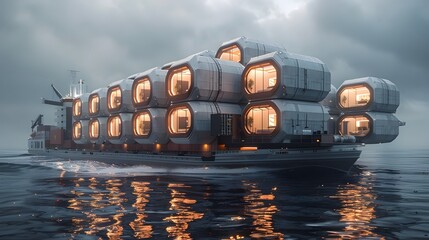 Futuristic Modular Homes Transported on a Massive Container Ship at Sea