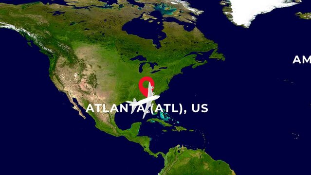 International flight travel route from ATLANTA (ATL), US to AMSTERDAM SCHIPHOL (AMS), NL on worlds map in 4K
