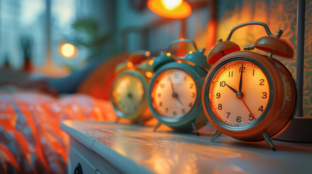 A cozy, close-up image of four vintage-style alarm clocks, each displaying different times, arranged on a bedside table in a warmly lit bedroom setting.