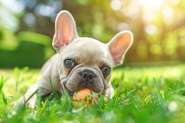 Fototapeta premium French Bulldog puppy lying on grass with a small orange ball in its mouth, bright and sunny day.