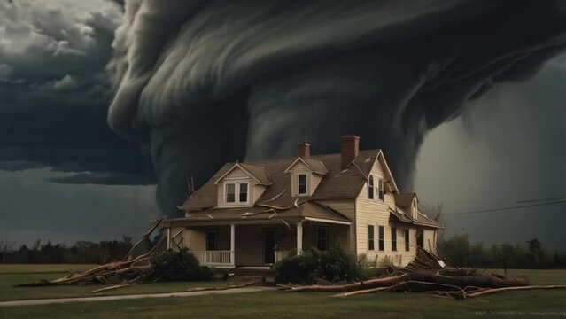 Large tornado approaching a wooden house in the middle of the plains, poised to cause serious damage