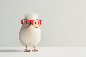 White bird wearing red glasses on a white background.