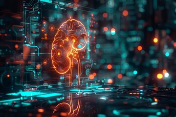 An amazing futuristic HUD displays a glowing, big icon of a kidney, depicting advancements in nephrology