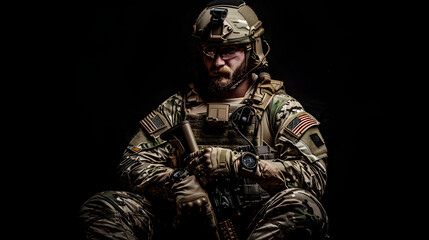 Special forces United States soldier or private military contractor. Image on a black background.