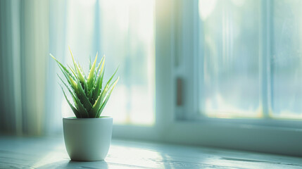 flower in a pot stands on a windowsill, background