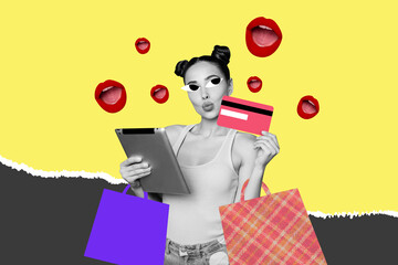 Composite photo collage of funny girl strange eyes hold ipad make online shopping black friday...