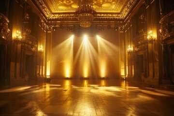 Obraz premium Design a highend empty stage with a opulent gold backdrop and glowing lighting
