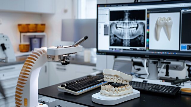 CAD CAM dental computer-aided machine in a highly modern dental laboratory for prosthesis and crowns milling. Concept of dentistry, prosthodontics, prosthetics, and medical computer technology.