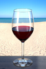 Glass of red wine on the wooden table in the beach bar. Picturesque background with sand and sea. Glassware with the drink. 3d rendering.