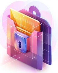 Cybersecurity system with encrypted files, locked folder, secure digital information, side view, emphasizing data protection, futuristic tone, Triadic Color Scheme