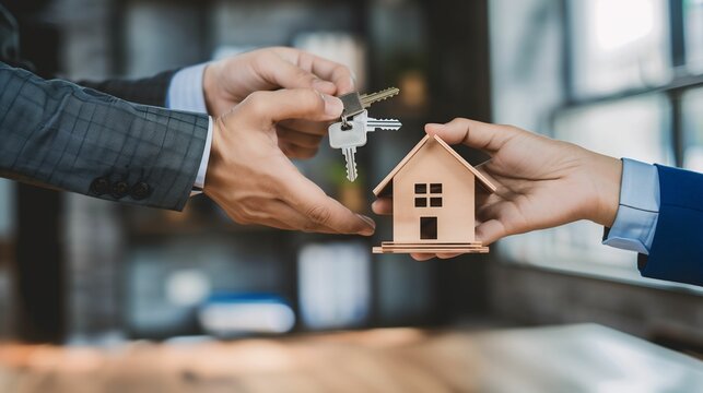 Close-up of hands exchanging house keys and a wooden house model, symbolizing a real estate deal, homeownership, or property investment. - Powered by Adobe