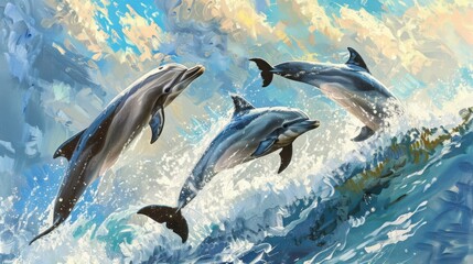 Obraz premium A pair of dolphins engaged in a playful game of chase, darting and weaving through the water with agility and grace
