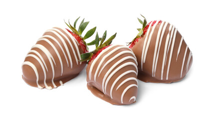 Delicious strawberries covered with chocolate isolated on white