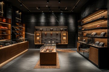 Luxury retail store interior with elegant lighting, showcasing high-end leather goods and accessories on modern wooden shelves and display cases.
