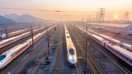 A panoramic view of a high-speed rail yard with multiple trains ready for departure, highlighting the scale and efficiency of rail networks