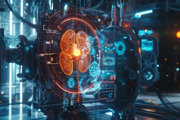 In a futuristic setting, an amazing HUD features a large, glowing kidney icon, highlighting breakthroughs in nephrology