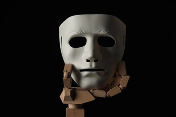 Wooden mannequin hand holding plastic mask on black background. Theatrical performance
