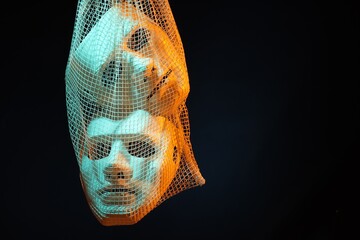 Net bag with plastic face masks on black background, space for text. Theatrical performance