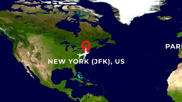 International flight travel route from NEW YORK (JFK), US to PARIS CHARLES DE GAULLE (CDG), FR on worlds map in 4K