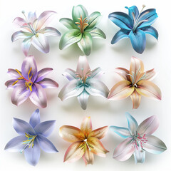 Obraz premium A set of realistic lily flowers in pastel colors, with each having different shades and styles, arranged on a white background. The flowers have detailed textures and appear to be made from paper or f