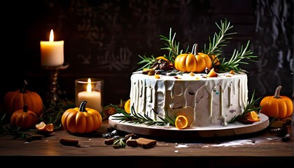 Naklejka premium Halloween cake drenched in white icing adorned with sprigs of rosemary rests on a wooden table, AI Generated