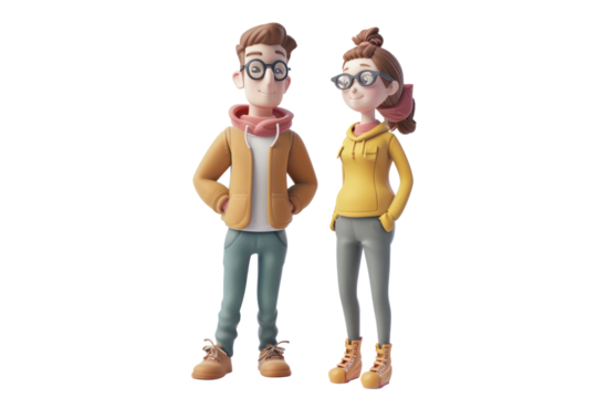 A 3D illustration of a young man and woman with glasses, dressed in casual clothing, standing together on a white background.