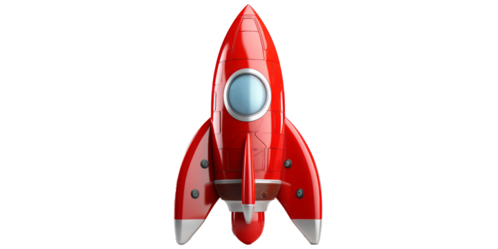 Bright red toy rocket ship with futuristic design, symbolizing innovation, exploration, and technology on a white background.