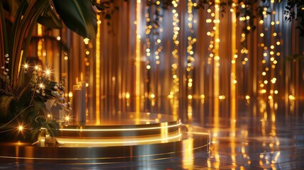 Obraz premium Produce a luxurious and elegant event decoration featuring a shiny gold podium and sparkling lights