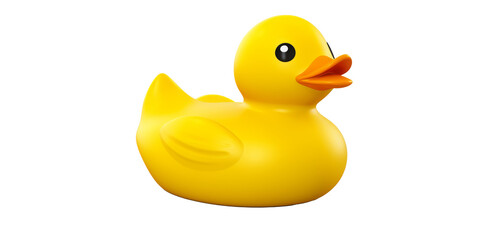 Fototapeta premium Bright yellow rubber duck toy with a cheerful expression, perfect for bath time fun on a clean, white background.