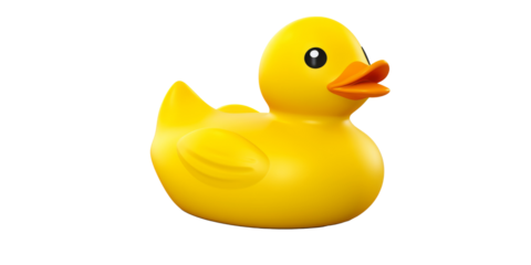 Bright yellow rubber duck toy with a cheerful expression, perfect for bath time fun on a clean, white background.