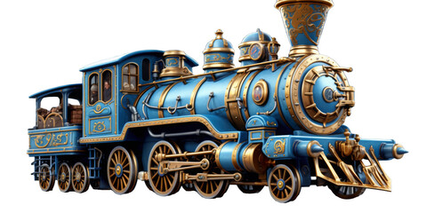 Beautifully detailed vintage steam locomotive with ornate gold accents, captured on tracks with steam billowing from the smokestack.
