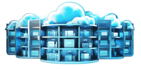 Secure cloud storage data center illustrated with futuristic designs and connections, showcasing efficient data management and storage solutions.
