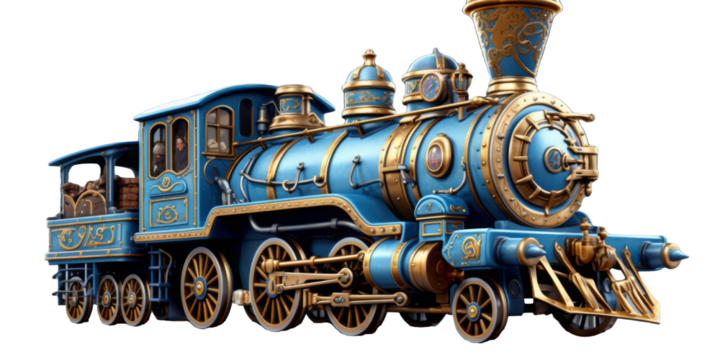 Beautifully detailed vintage steam locomotive with ornate gold accents, captured on tracks with steam billowing from the smokestack. - Powered by Adobe