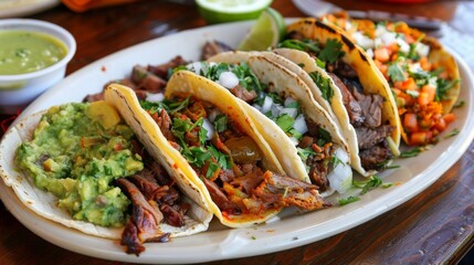 A plate of crispy and flavorful tacos filled with tender grilled meats, fresh salsa, and creamy guacamole, reflecting the widespread love for Mexican street food
