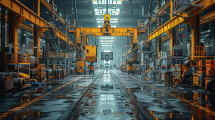 A photorealistic image showcasing an expansive car part stamping factory. The industrial setting features a massive, brightly lit production area.