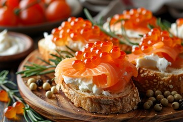 Elegant salmon roe canap&eacute;s with fresh dill, beautifully arranged, gourmet, food photography