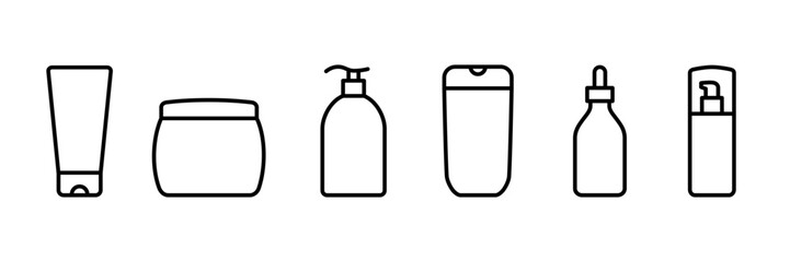 Set of cosmetic bottle outline icons. Editable stroke. Isolated vector illustration 