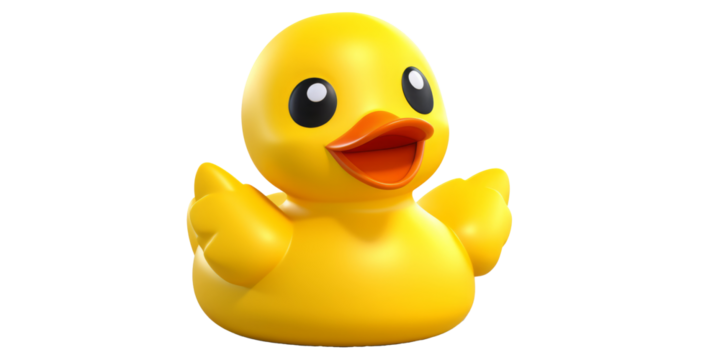 Bright yellow rubber duck with a happy expression, perfect for bath time fun and playful decorations. Simple white background.
