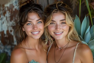 A lively portrait of a couple of European women with brown curly hair and wearing swimming suits is spending time together at a natural beach.