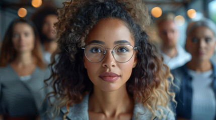 Fototapeta premium A powerful and inspiring portrait of a young woman with curly hair and glasses, standing confidently with a diverse group of people behind her.