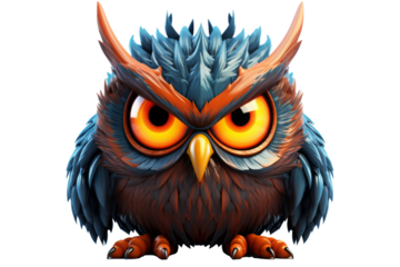 A vividly detailed, blue and orange animated owl with large, expressive eyes and a fierce, determined expression.