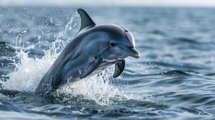 Naklejka premium A playful dolphin jumping out of the water with a joyful expression, creating a splash as it returns to the ocean surface