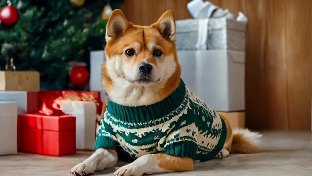 Akito inu dog in sweater, Christmas tree and gift boxes