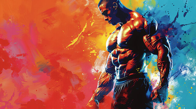 Muscular Power: Abstract Illustration of Dominant Bodybuilder in Bold Colors.
