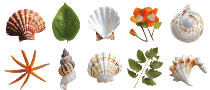 Set / collection of beautiful seashells, flowers, buds and leaves isolated on white background, coastal decor or beach themed design elements, top view / flat lay.