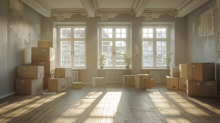 Bright Empty Apartment with Labeled Moving Boxes Ready for Unpacking under Sunlight Beams