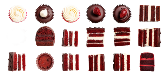 Set / collection of decadent chocolate cupcakes, vanilla cupcakes and red velvet slices isolated on white background, dessert mood or bakery, top view / flat location.