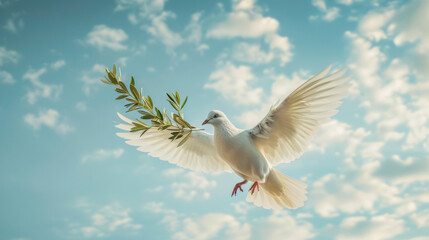 Fototapeta premium a white dove carrying an olive branch presenting peace