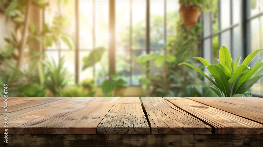 Wall mural Top of wood table counter on blur window view garden background.For montage product display or design key visual layout