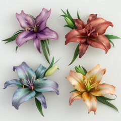 A set of four realistic lily flowers in different colors, top view, 3d render illustration, white background, high resolution